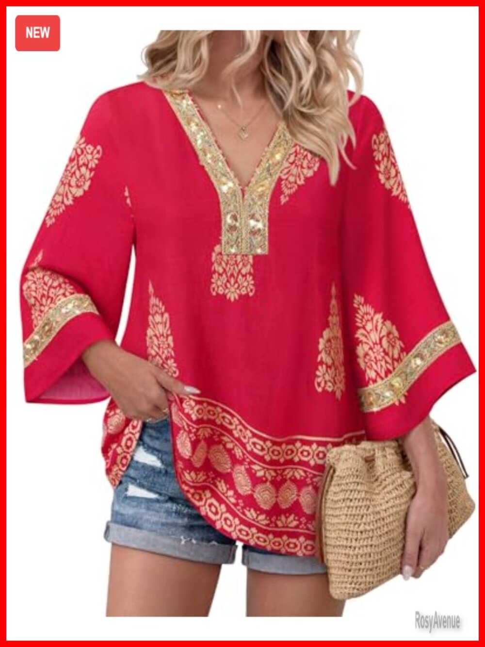 Womens Embroidered V Neck Boho Tunic Top 3/4 Bell Sleeve Blouse